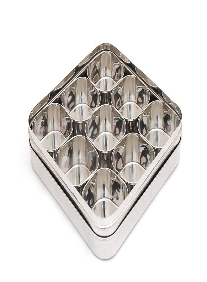 coconut Stainless Steel Square Masala Box/Spice Container/SS Lid Masala Box with 9 Bowls - Diamater - 9.7 Inches, Capacity - 180 ML Each Containers - Image 1